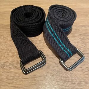 SET OF TWO WOVEN FABRIC BELTS Solid Black, Black with Teal Green Stripes